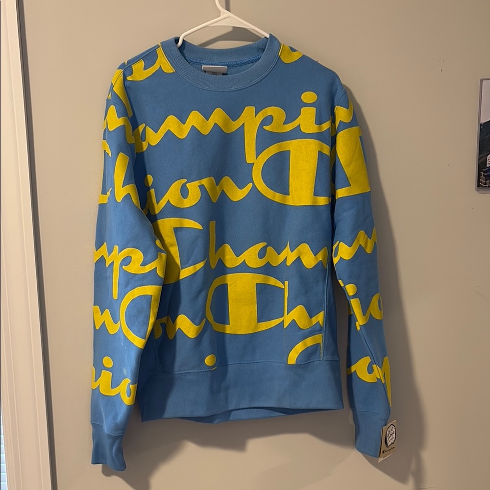 Champion Blue and Yellow Men's Sweater All Over Print Reverse Weave